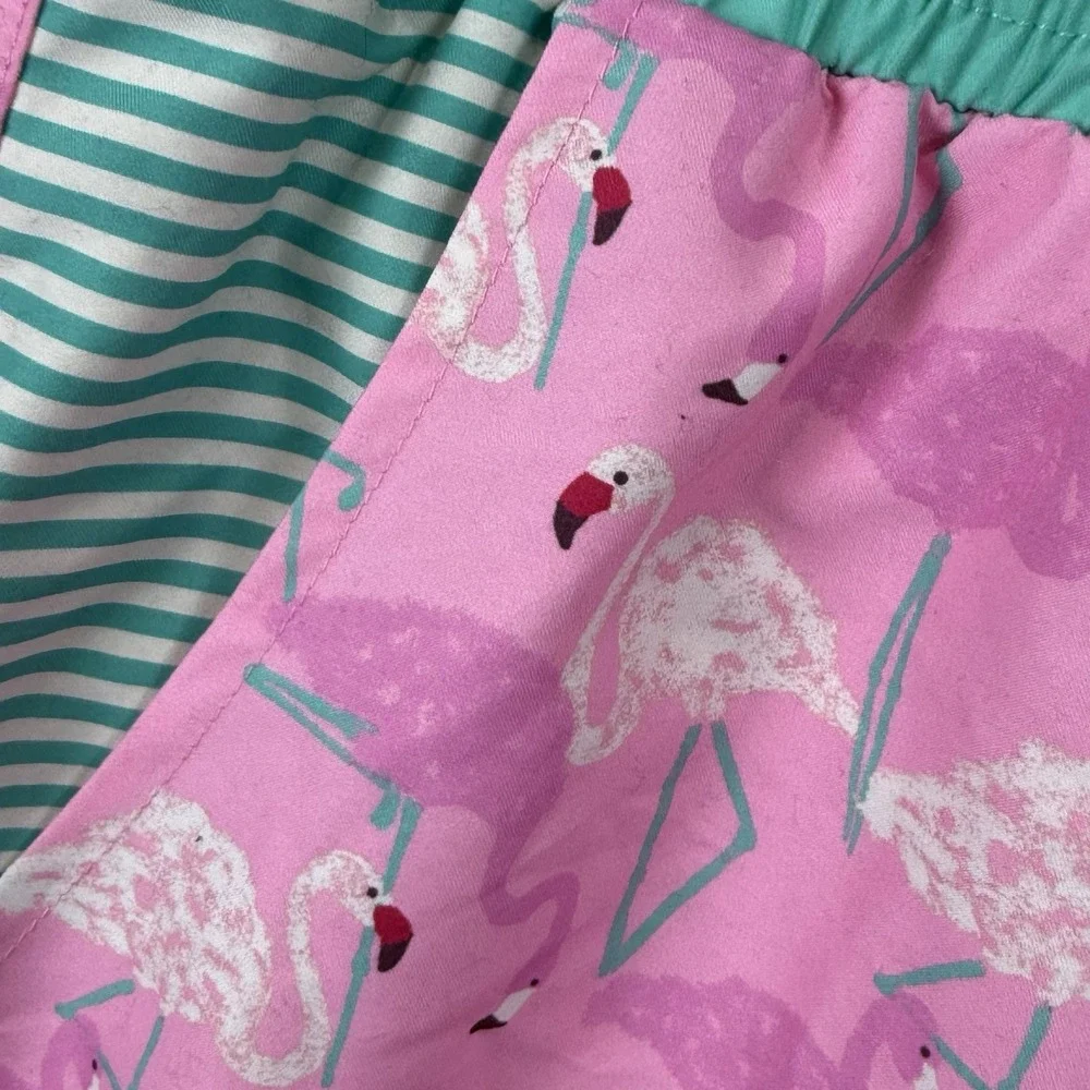Matilda Jane Shorts Mens XL Pink‎ Teal Flamingo Swim Board Stripe Print Trunks